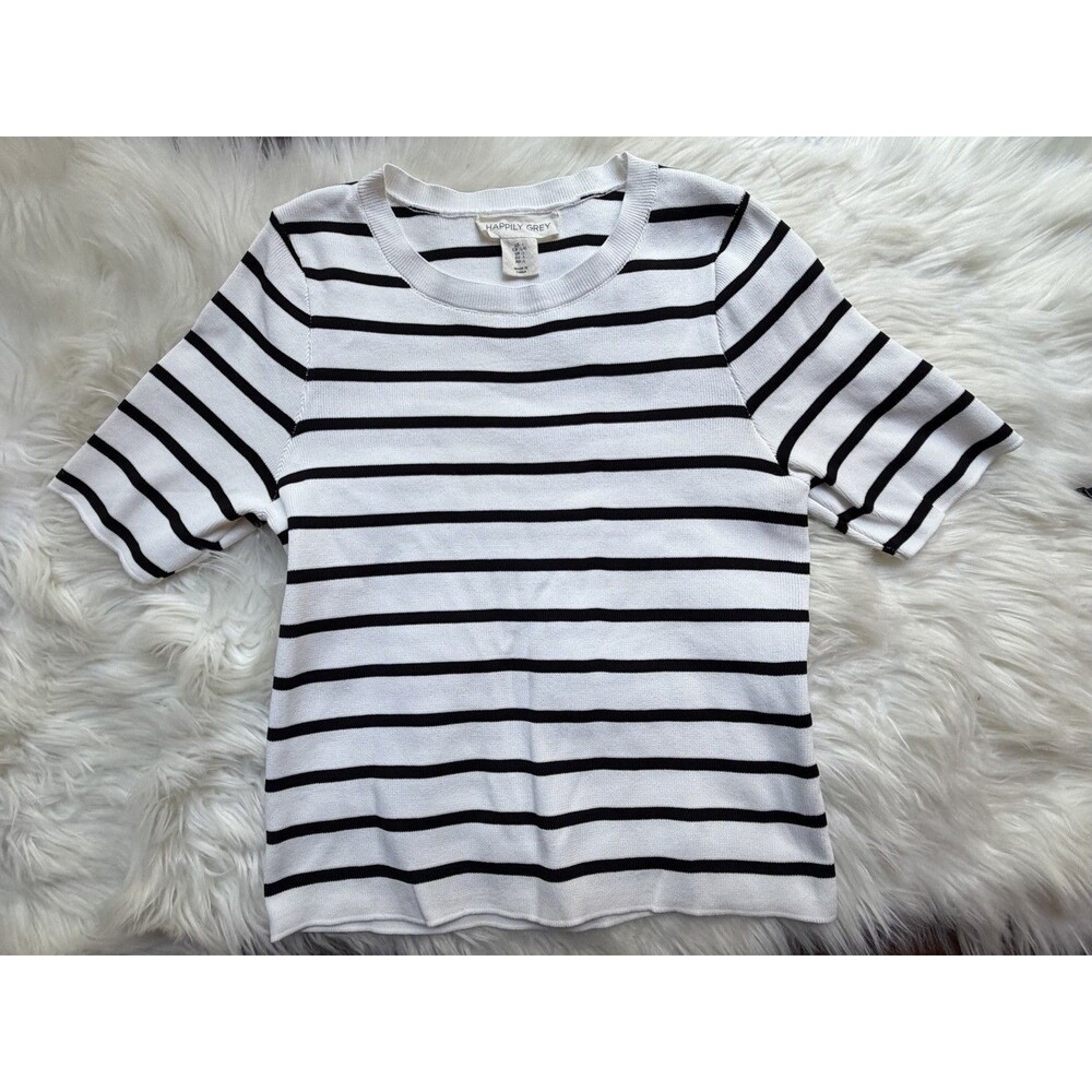 Happily Grey T-Shirt Womens L Black Crew Neck Short Sleeve Striped Knit Top